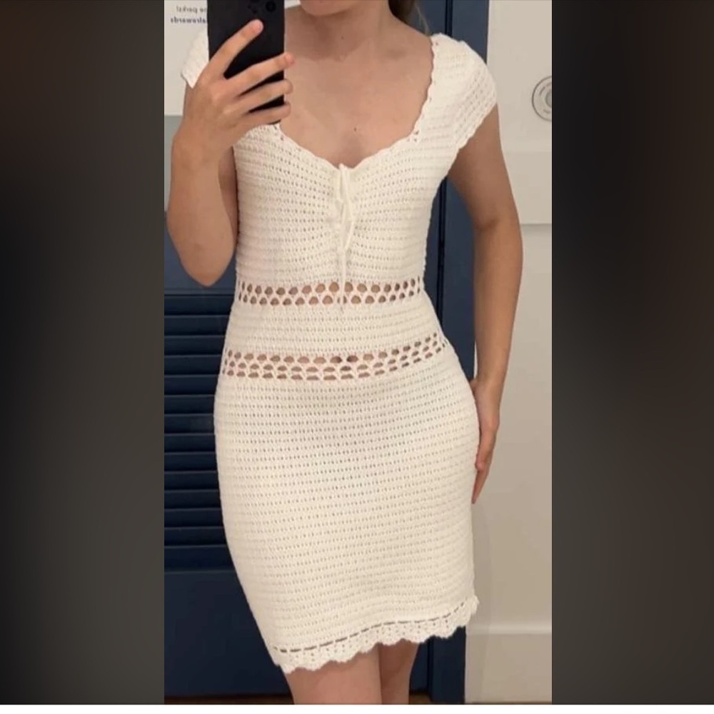 American Eagle crochet mini dress white, hand-crocheted knit cap sleeves L
